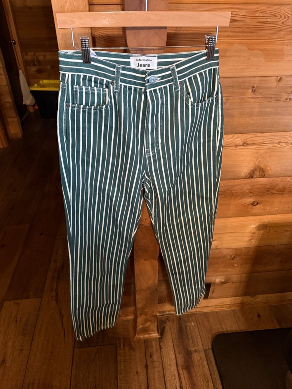 Reformation Green & White Vertical-Stripe Jeans